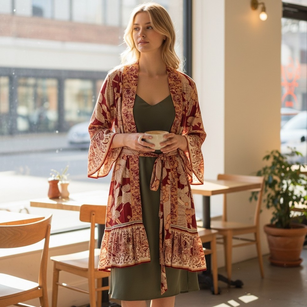 Z&L Europe Red Floral Bird Print Boho Wrap Mini Dress Bell Sleeve Small